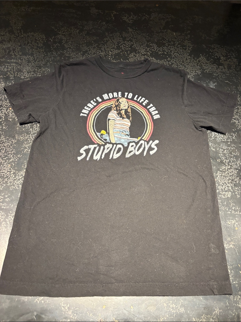 Netflix Black Graphic Tee with Retro Rainbow and Figure